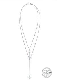 Zilverkleurige gelaagde ketting met drie ronde Swarovski-kristallen, slanke kettingen en een lariat-ontwerp dat uitloopt in een centrale hanger.