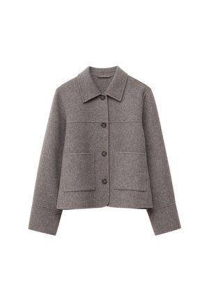Grau melierte Wollmischjacke mit einem Kragen, durchgehenden Knöpfen, zwei großen Taschen und einem verkürzten Design mit einer glatten, strukturierte Oberfläche.