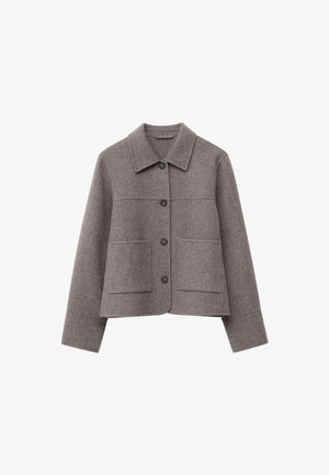 Gray wool blend jacket with a collared neckline, button front, two large pockets, and a cropped design featuring a clean, textured finish.