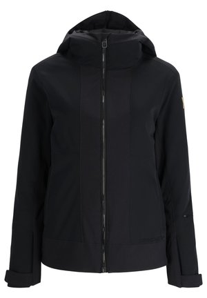 Schwarze Skijacke mit Reißverschluss, Kapuze, strukturierten und glatten Einsätzen sowie Logo-Details. Verfügt über verstellbare Bündchen und eine taillierte Passform.