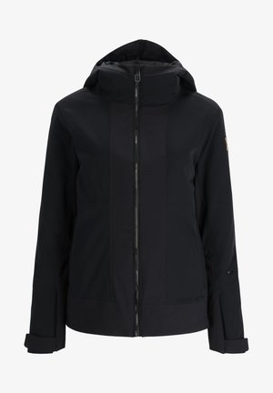 Schwarze Skijacke mit Reißverschluss, Kapuze, strukturierten und glatten Einsätzen sowie Logo-Details. Verfügt über verstellbare Bündchen und eine taillierte Passform.