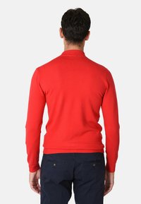 Maglione rosso a maglia con colletto alto e maniche lunghe, design aderente, tessitura liscia e orlo a coste. Indossato sopra pantaloni scuri.