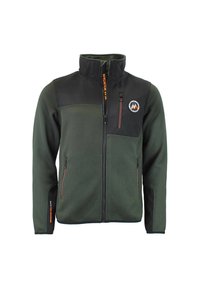 Veste en polaire zippée noir et vert foncé avec col haut, plusieurs poches zippées et un logo orange "Peak Mountain" sur la poitrine et la manche.