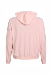 Felpa con cappuccio in tessuto rosa chiaro, caratterizzata da polsini ed orlo elasticizzati, texture liscia e vestibilità comoda. La vista posteriore mostra un design semplice.