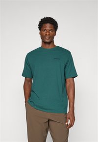 Tricou din bumbac teal, cu mâneci scurte, guler rotund și logo-ul Patagonia în negru, plasat deasupra pieptului stâng. Poartă pantaloni bej.