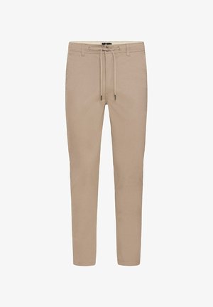 Beige hlače slim fit, izdelane iz mešanice bombaža. Imajo elastičen pas s vrvico in brez vidnih vzorcev ali kovinskih delov.
