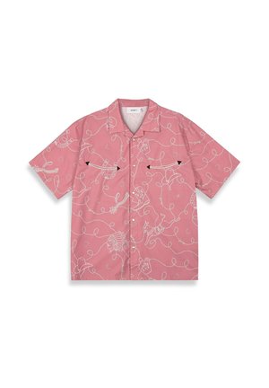 Short-sleeve pink shirt with white line-drawn patterns, featuring various motifs. Includes two chest pockets with black accents.