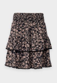 Floral tiered skirt in navy with pink flowers, smocked waistband, and lace trim along the hem. Made from lightweight fabric.