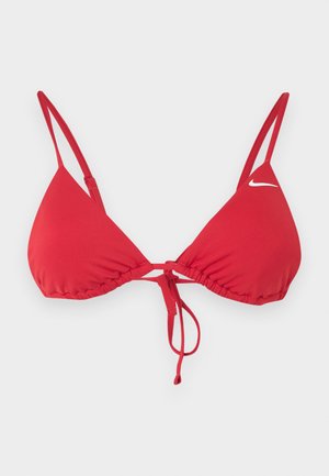 Crveni bikini top u obliku trokuta s podesivim tankim naramenicama i vezanjem sprijeda, s malim bijelim Nike logom na desnoj košarici.