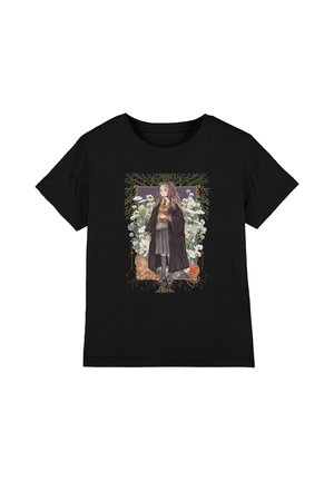 Black t-shirt with illustration of a girl in school uniform and robe, holding a book, surrounded by white flowers, a cat, and a pumpkin.
