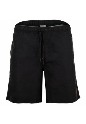Schwarze Badeshorts mit elastischem Bund und Kordelzug, mit einem kleinen roten Logo in der unteren Ecke.