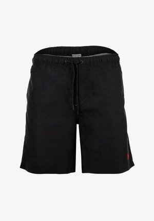 Schwarze Badeshorts mit elastischem Bund und Kordelzug, mit einem kleinen roten Logo in der unteren Ecke.