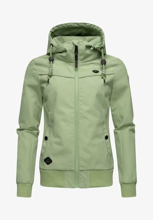 Hellgrüne Jacke mit Kapuze, Frontreißverschluss, Kordelzug-Details und gerippten Bündchen. Verfügt über seitliche Taschen und ein Logo-Patch.