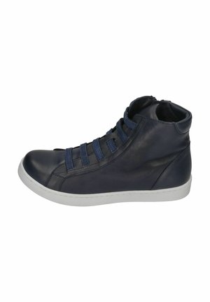 High-top sneaker in navy leather with elastic straps and a white rubber sole. Features a smooth texture and rounded toe design.