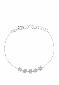 Bracciale in argento con cinque maglie a forma di stella, ognuna decorata con piccole gemme, dotato di chiusura a gancio per una chiusura sicura.