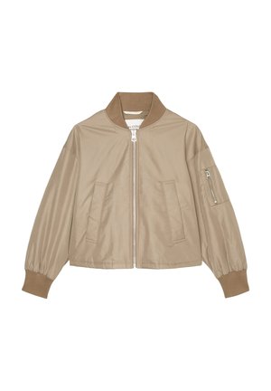 Beige Bomberjacke mit Reißverschluss vorne, geripptem Kragen und Bündchen, zwei Seitentaschen und einer Reißverschlusstasche am linken Ärmel. Glatte Stofftextur.