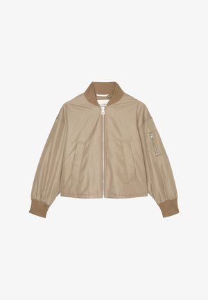 Beige bomber jacket with a zip front, ribbed collar and cuffs, two side pockets, and a zip pocket on the left sleeve. Smooth fabric texture.