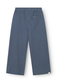Pantaloni da pigiama in cotone di colore blu scuro con righe verticali nere, dotati di una vita elastica e di una tasca posteriore.