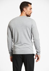 Maglione grigio a maniche lunghe con scollo rotondo e polsini e orlo a coste. Texture liscia, indossato con pantaloni neri. Vista posteriore.