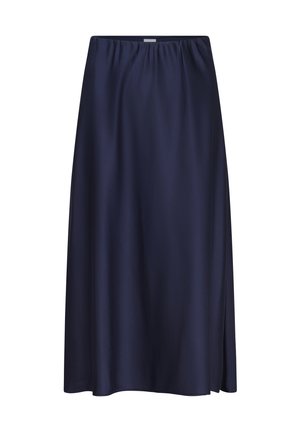 Marineblauwe zijden rok met een elastische tailleband, A-lijn model en een gladde textuur, met een lengte net onder de knie en zonder zichtbare patronen of accenten.