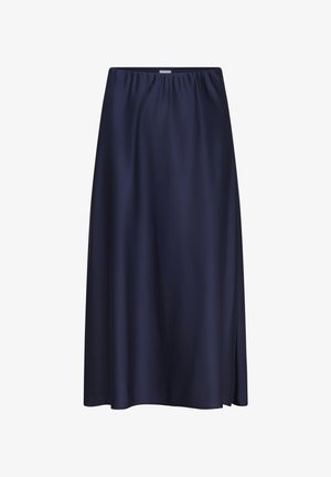 Marineblauwe zijden rok met een elastische tailleband, A-lijn model en een gladde textuur, met een lengte net onder de knie en zonder zichtbare patronen of accenten.