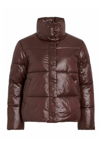 Smeđa podstavljena jakna s visokim ovratnikom, sjajnom završnom obradom, horizontalnim šavovima i dva bočna džepa. Ima kvadratni siluet i dugačke rukave.