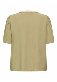Blouse beige à manches courtes en tissu texturé, manches froncées et détail tressé autour de l'encolure ronde, vue de dos.