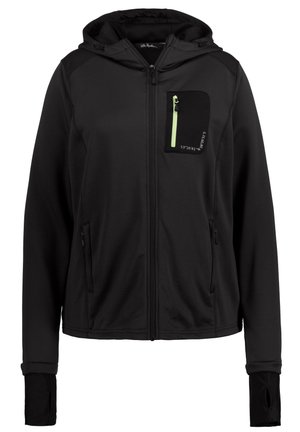 Schwarze Kapuzenjacke aus weichem Material mit einem Reißverschluss vorne, zwei Seitentaschen und einer Brusttasche mit grünen Reißverschlusshalter.