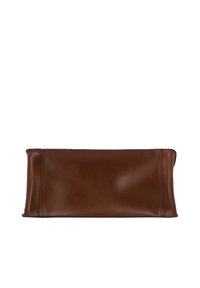 Pochette rectangulaire en cuir marron avec coutures visibles le long des bords, présentée à plat sur un fond blanc.
