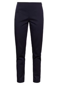 Marinblå skräddarsydda byxor med smal passform. Har en slät textur och en enkel design. Inkluderar sidofickor och en diskret midja.