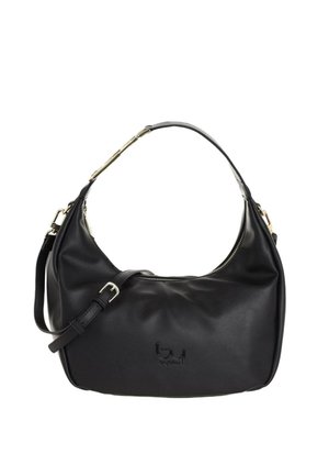 Borsa a tracolla in pelle nera con tracolla regolabile, ferrature color oro, chiusura con zip e logo "byblos" in rilievo sul davanti.