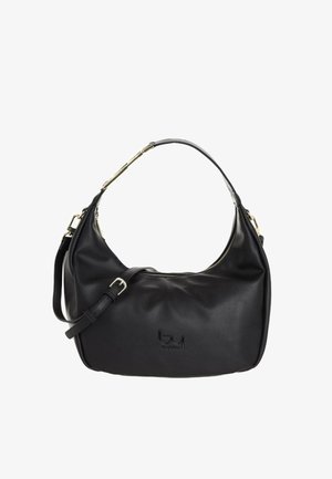 Borsa a tracolla in pelle nera con tracolla regolabile, ferrature color oro, chiusura con zip e logo "byblos" in rilievo sul davanti.