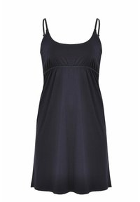 Schwarzes, ärmelloses Kleid mit rundem Ausschnitt und geraffter Taille. Weicher Stoff, Standardlänge, verstellbare Träger.