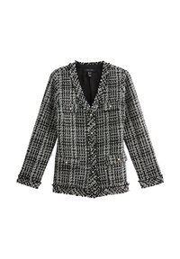 Zwart-witte tweed jacket met een gestructureerd patroon, notch revers, vijf voorknopjes en twee voorzakken. Rafi randjes bij de manchetten en onderkant.