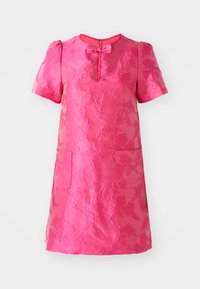 Short-sleeved pink dress with textured floral pattern, round neckline, front bow detail, and two front pockets. Zipper closure at back.