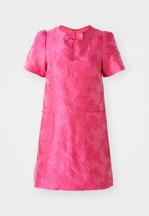 Short-sleeved pink dress with textured floral pattern, round neckline, front bow detail, and two front pockets. Zipper closure at back.