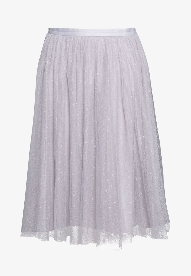 Hellgrauer Tüllrock mit einem Satinbund, der ein strukturiertes Muster aus kleinen, weißen Sternen und ein weiches, geschichtetes Design aufweist.