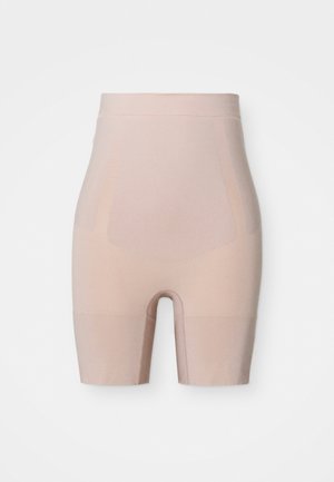 Pantaloni modelatori nude, cu talie înaltă, confecționați dintr-un material neted și elastic, având o lungime până la mijlocul coapsei și un design fără cusături pentru confort.