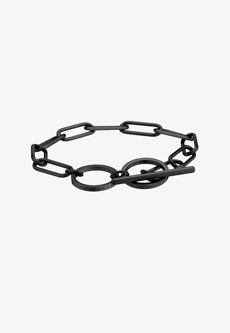 Zwarte kettingriem met schakels en ronde ringen. Gemaakt van metaal met een matte afwerking. Opmerkelijke details zijn gegraveerde markeringen.