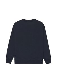Felpa blu navy con collo a giro, maniche lunghe e polsini e orlo a costine. Texture liscia senza motivi o decorazioni visibili.
