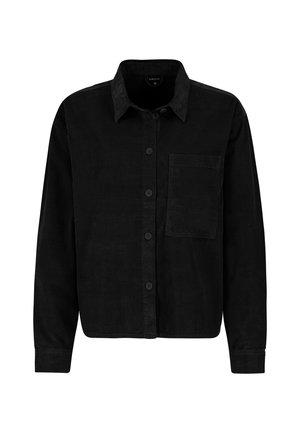 Black corduroy shirt with a button-down front, long sleeves, a single chest pocket, and a collar. Textured fabric and smooth buttons.