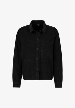Black corduroy shirt with a button-down front, long sleeves, a single chest pocket, and a collar. Textured fabric and smooth buttons.