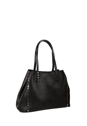 Schwarze Ledertasche mit zwei Griffen und silbernen runden Nieten, die die vertikalen Kanten verzieren.