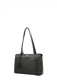 Zwarte tas met patroon en twee lange hengsels. Gladde leren afwerking, ritsluiting, voorvak en een afneembare labelaccent.