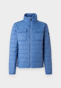 Blue puffer jacket with a stand collar, horizontal quilted design, two chest pockets, and zipper closure. Smooth texture, lightweight material.