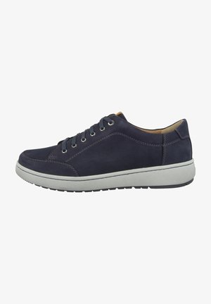 Navy blue leather sneaker with gray rubber sole, round toe, and lace-up design featuring silver eyelets and contrasting white stitching.