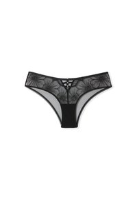 Schwarzer Tanga mit floraler Stickerei auf der Vorderseite, aus Mesh-Stoff gefertigt. Detaillierte Riemenakzente auf der Rückseite unterstreichen das Design.