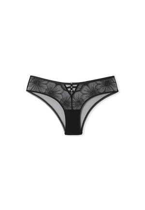 Schwarzer Tanga mit floraler Stickerei auf der Vorderseite, aus Mesh-Stoff gefertigt. Detaillierte Riemenakzente auf der Rückseite unterstreichen das Design.