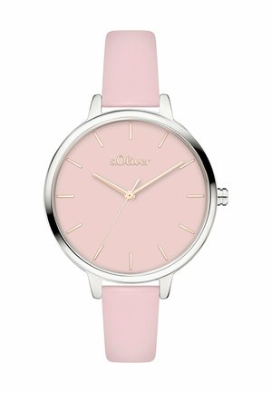 Rund sølvur med lyserød urskive og rem, guld timeindikatorer og visere, mærkenavn s.Oliver klokken 12.