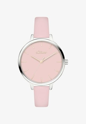 Runde silberne Uhr mit pinkem Zifferblatt und Armband, goldenen Stundenmarkierungen und Zeigern, Markenname s.Oliver bei 12 Uhr.